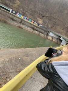 Filming the Johnstown mural across the river.