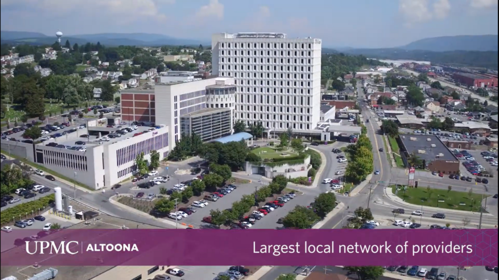 Aerial drone view of UPMC Altoona hospital campus in Pennsylvania